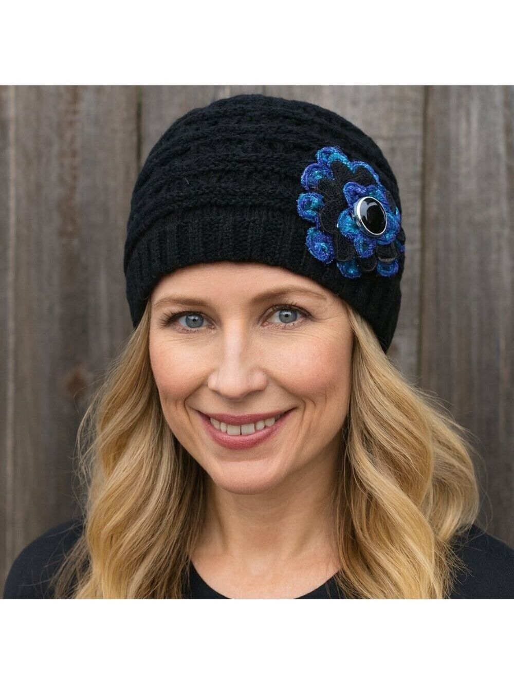 Amanda Blu Black Knit Beanie Blue Floral Gem Accent